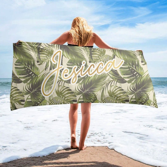 Personalized Tropical Hawaiian Style with Gold Glitter Name Beach Towel, Custom Pool Towel Beach Towel Outside Birthday Vacation Gift - CustomCooper