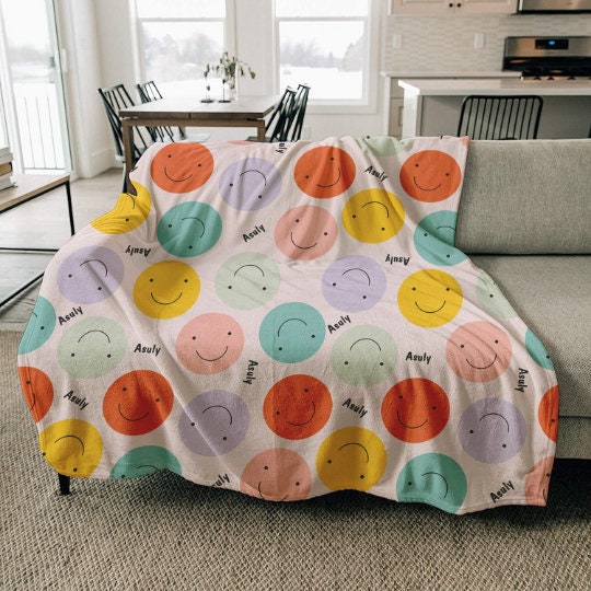 Multi Smile Personalized Blankets with Name for Boys Girls Adult, Sparkling Print Personalized Blankets Gift - CustomCooper