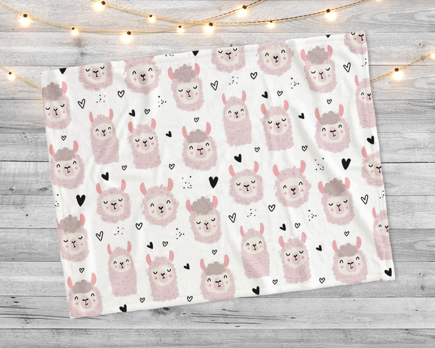 Personalized Hand-Drawn Llama Design blanket with Name, Cute lamas and hearts, Custom blanket gift, Birthday baby shower gift