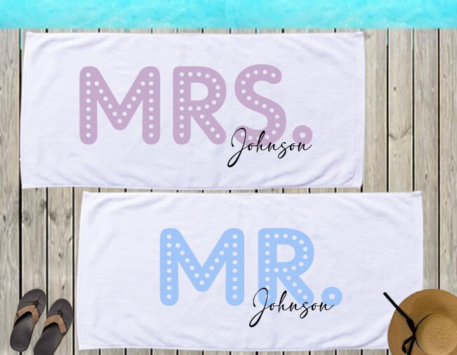 New Design - Mr or Mrs Beach Personalized Beach Towels, Honeymoon Gift, His and Hers Newlywed Gift, Personalized Wedding Gift