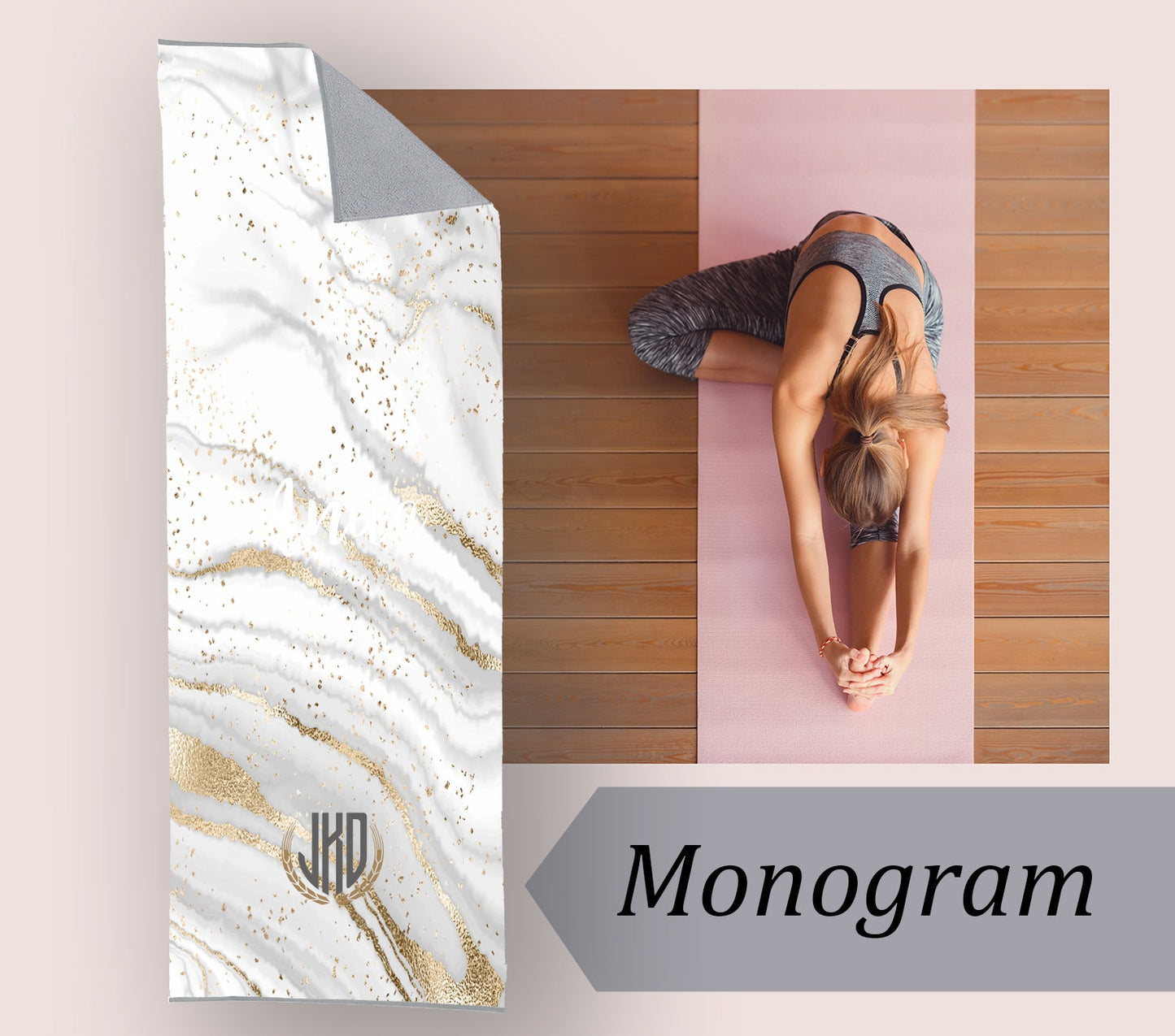 Personalized Marble Design Large Yoga Mat Towel, Gift for Her, Gift for Him.