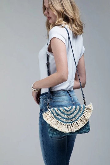 Bohemian inspired handmade jute cross-body bag featuring fringe detail with a fully lined pocket inside and a magnetic closure - CustomCooper