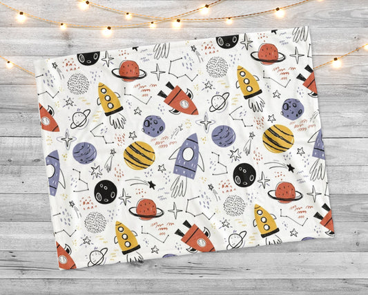 Hand-Drawn childish space ship and universe design blanket