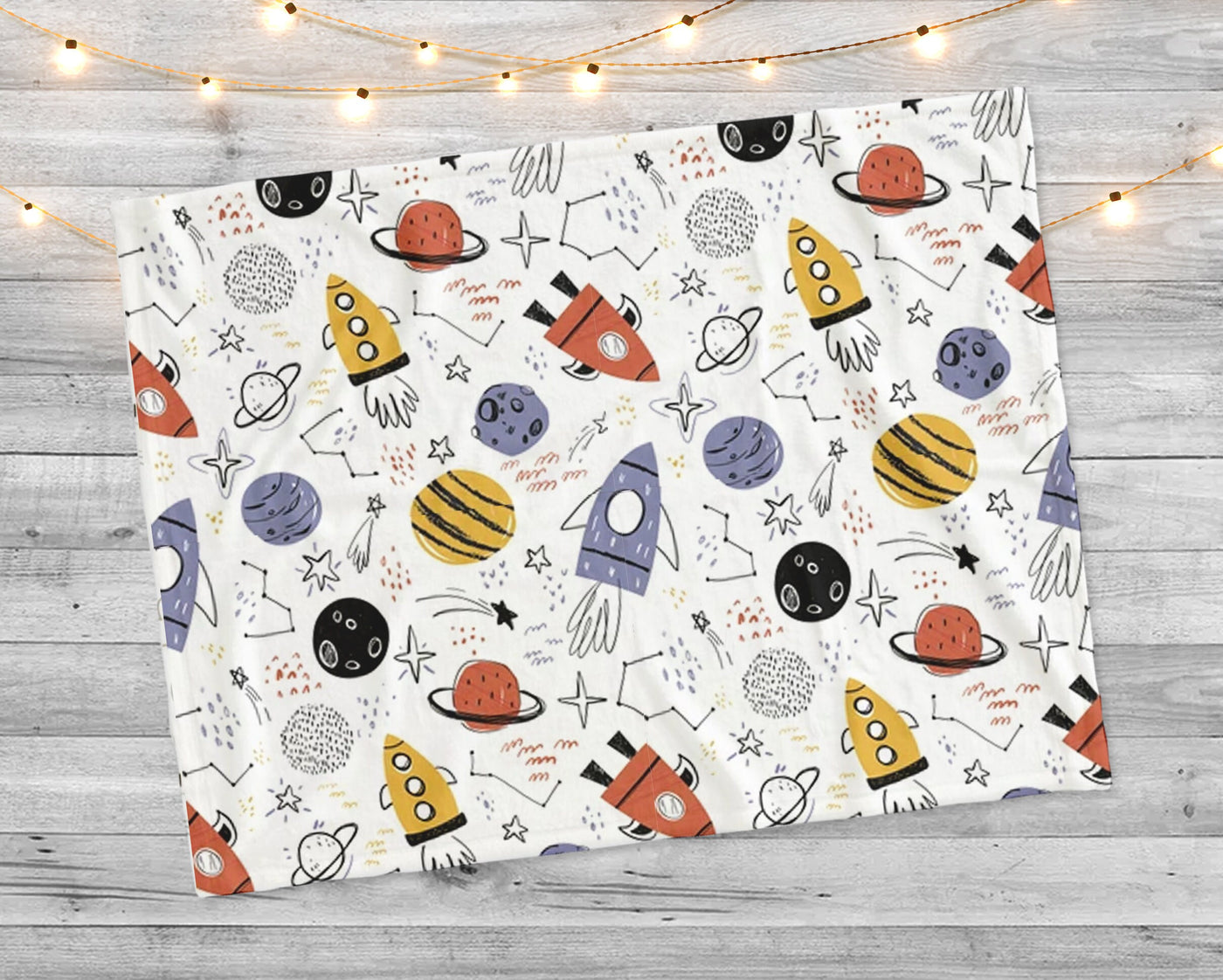 Hand-Drawn childish space ship and universe design blanket - CustomCooper