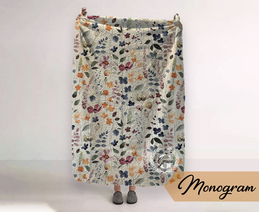 Monogram Quilted Blanket Full Size  60” x 80”  Watercolor floral pattern in vintage rustic style