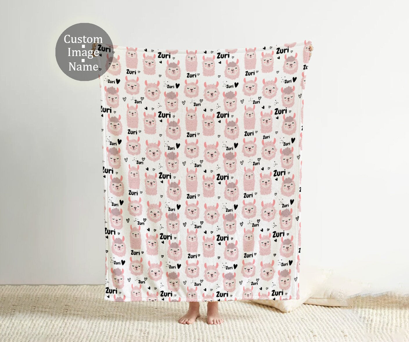 Personalized Hand-Drawn Llama Design blanket with Name, Cute lamas and hearts, Custom blanket gift, Birthday baby shower gift