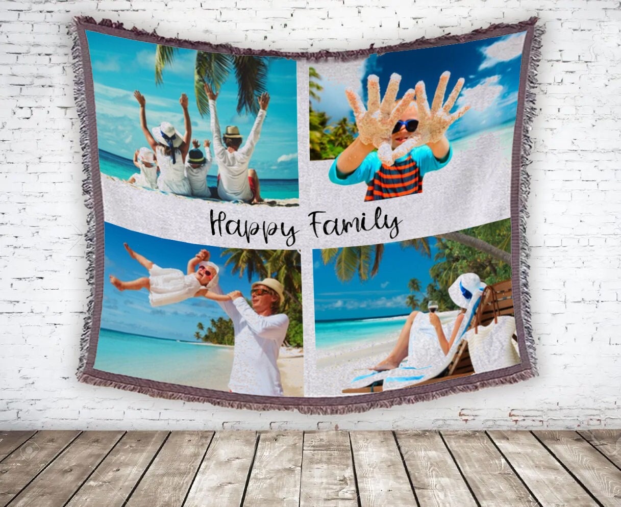 Personalized Four Photo Custom Sublimated Tapestry Woven Cotton Throw - Made in The USA (60"x54")