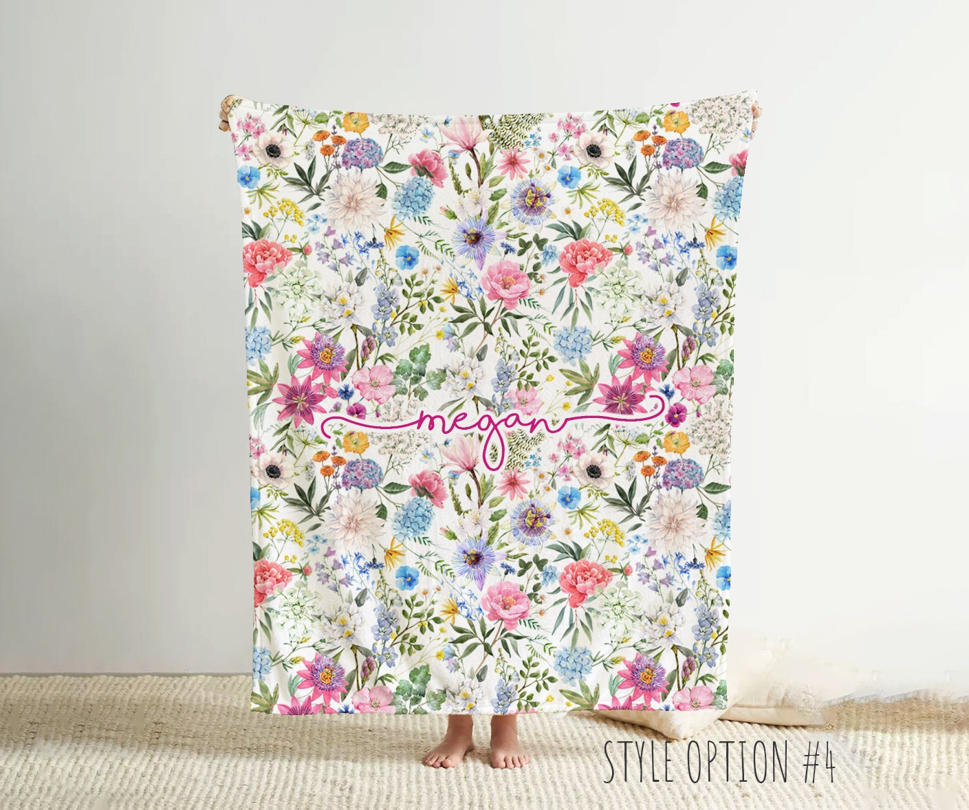 Personalized Watercolor floral in vintage rustic style blanket with Name, Custom blanket gift, Birthday Anniversary Gift