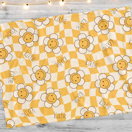 Happy Face Flower Design personalize name blanket, Minky or Sherpa custom blanket, Baby blanket, birthday gift idea - CustomCooper