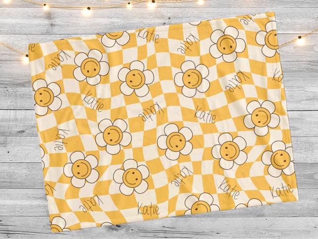 Happy Face Flower Design personalize name blanket, Minky or Sherpa custom blanket, Baby blanket, birthday gift idea - CustomCooper