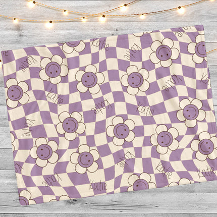 Happy Face Flower Design personalize name blanket, Minky or Sherpa custom blanket, Baby blanket, birthday gift idea - CustomCooper