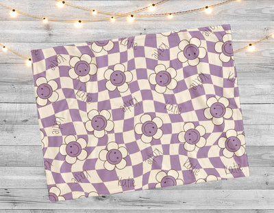 Happy Face Flower Design personalize name blanket, Minky or Sherpa custom blanket, Baby blanket, birthday gift idea - CustomCooper