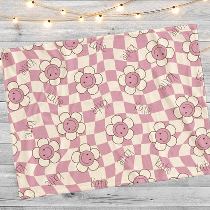 Happy Face Flower Design personalize name blanket, Minky or Sherpa custom blanket, Baby blanket, birthday gift idea - CustomCooper