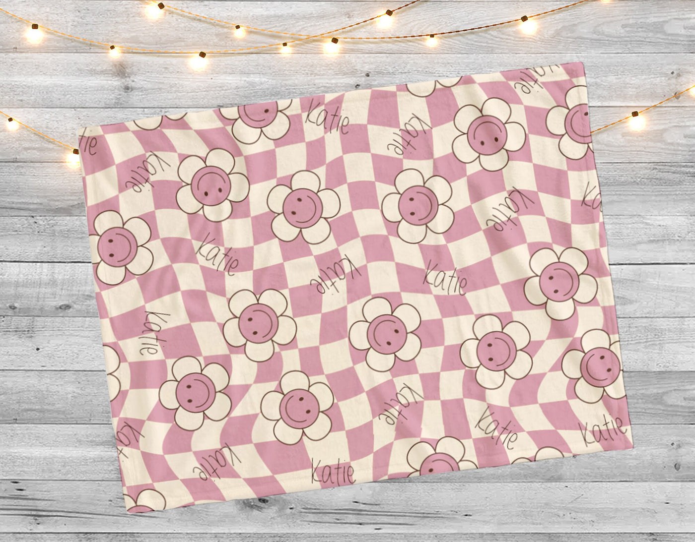 Happy Face Flower Design personalize name blanket, Minky or Sherpa custom blanket, Baby blanket, birthday gift idea - CustomCooper