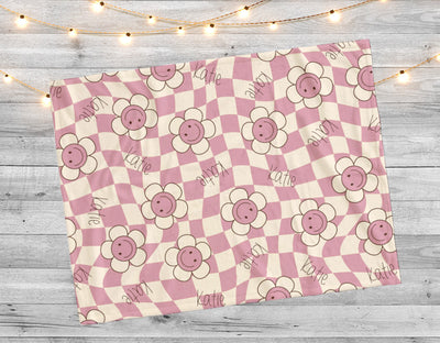 Happy Face Flower Design personalize name blanket, Minky or Sherpa custom blanket, Baby blanket, birthday gift idea - CustomCooper