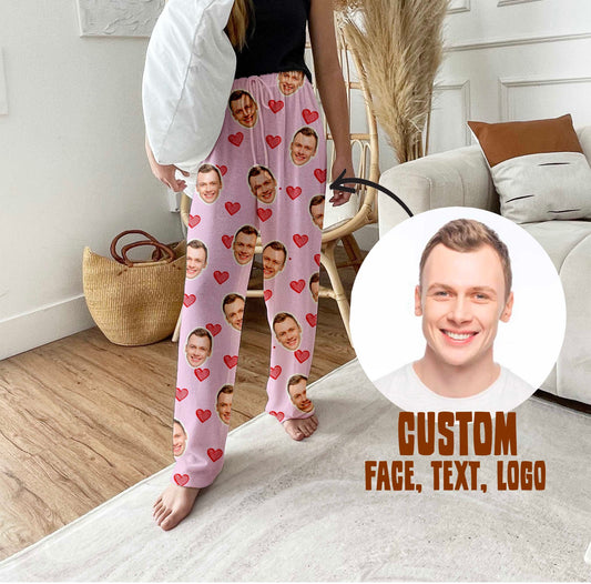 Custom Pajama pants Using face Photo + heart Custom valentine Personalized Pajama Pants boy friend girl friend gift