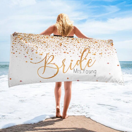NEW Style -Gold Bride, Mr or Mrs Beach Personalized Beach Towels, Honeymoon Gift, His and Hers Newlywed Gift, Personalized Wedding Gift - CustomCooper