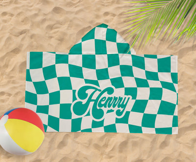 Hooded Towel For Kids, Personalized Vans CHECKER Pattern in Retro style Beach towel with Name, Custom beach towel gift, Birthday Gift. - CustomCooper