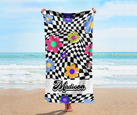NEW Checker Flower Design Personalized Kids Beach & Pool Towel Custom Pool Towel Beach Towel With Name Outside Birthday Vacation Gift