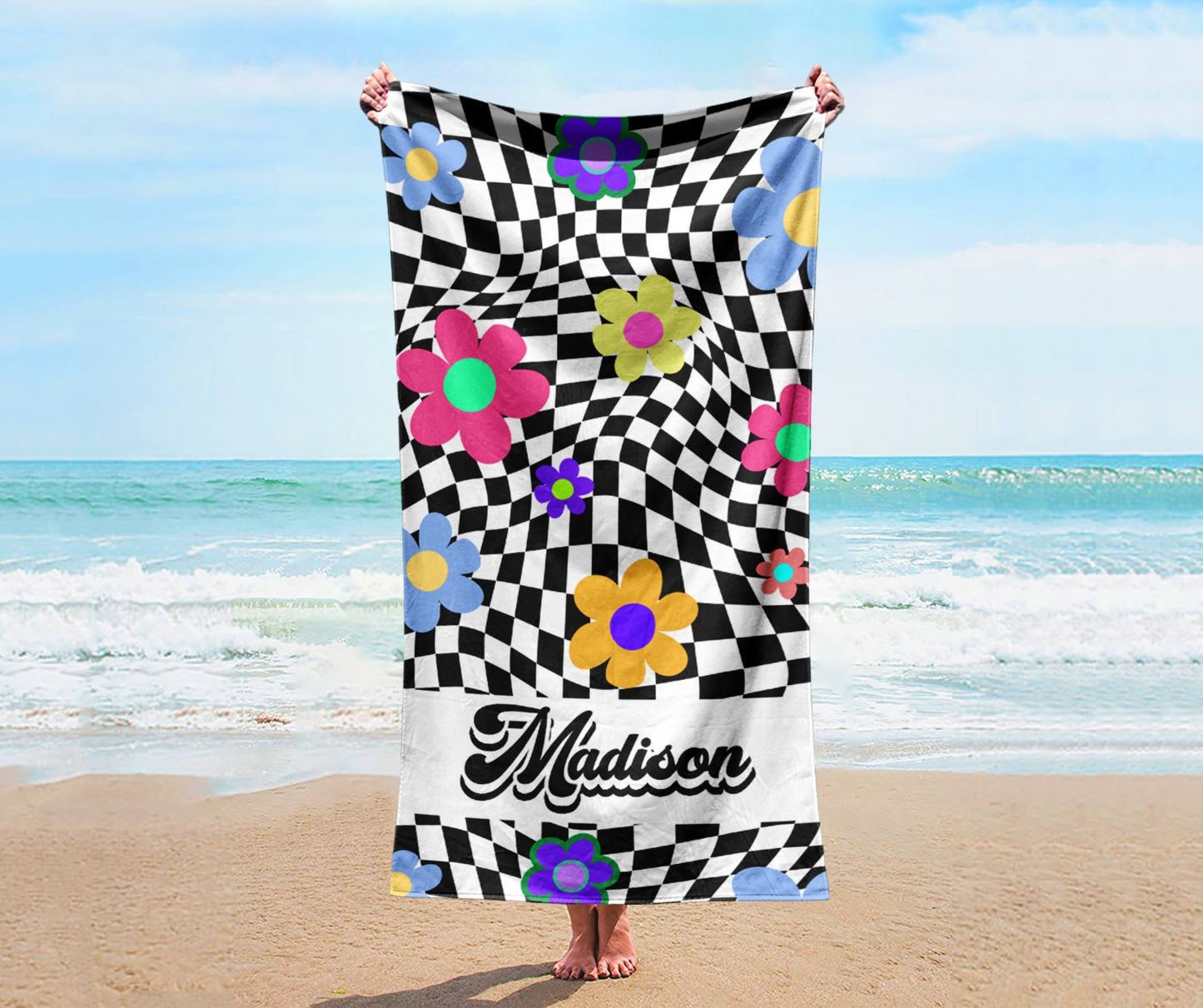 NEW Checker Flower Design Personalized Kids Beach & Pool Towel Custom Pool Towel Beach Towel With Name Outside Birthday Vacation Gift