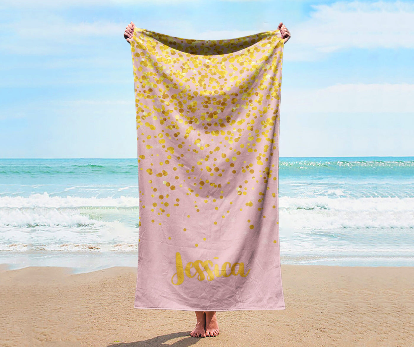 Sparkling Gold Name Personalized Beach Towel Personalized Name Bath Towel Custom Pool Towel Beach Towel With Name Birthday Vacation Gift - CustomCooper
