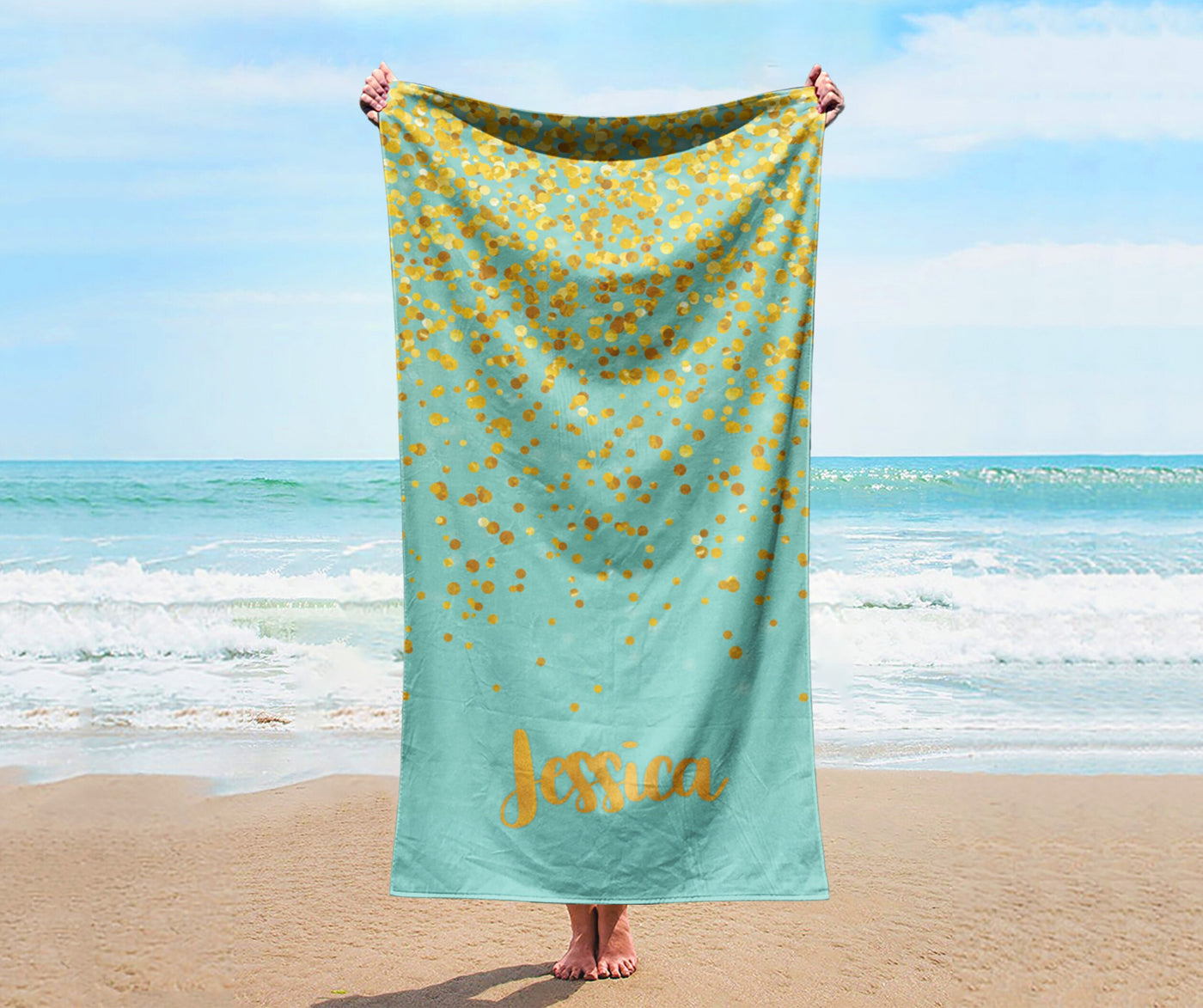 Sparkling Gold Name Personalized Beach Towel Personalized Name Bath Towel Custom Pool Towel Beach Towel With Name Birthday Vacation Gift - CustomCooper
