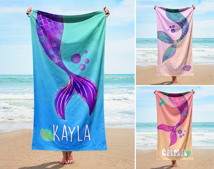 Personalized mermaid beach towel, cute mermaid beach towel, custom marine beach towel, custom beach towel for kids, starfish beach towel - CustomCooper