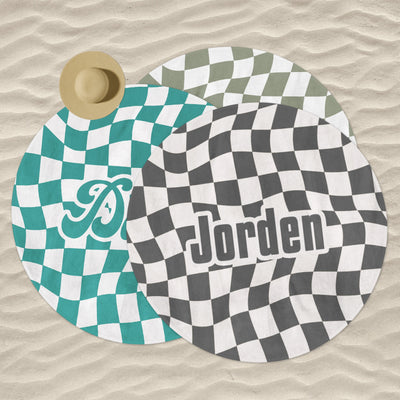 Personalized Vans CHECKER Pattern in Retro style Round Beach towel with Name, Large 60” Round beach towel gift, Birthday Anniversary Gift - CustomCooper