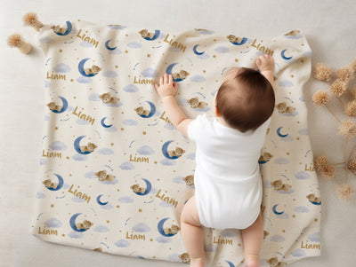 Teddy bear sleeping Personalize blanket, Minky or Sherpa custom blanket, Baby blanket, Kids Blanket, birthday gift idea - CustomCooper