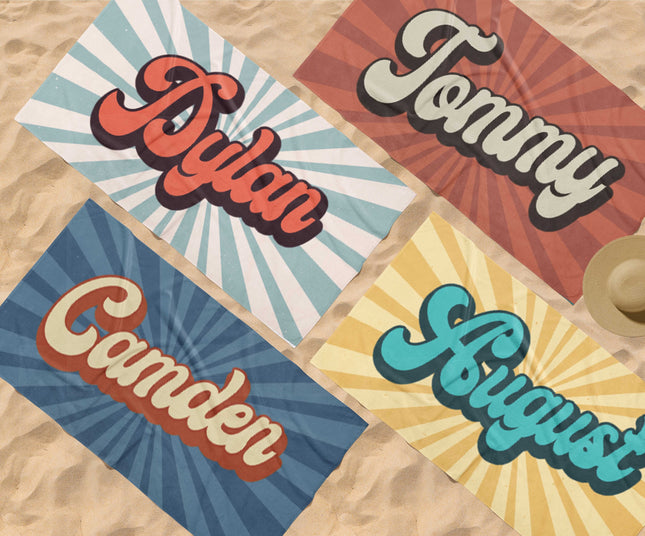 Groovy RETRO Style Personalized Beach Towel Personalized Name Bath Towel Custom Beach Towel With Name Outside Birthday Vacation Gift - CustomCooper