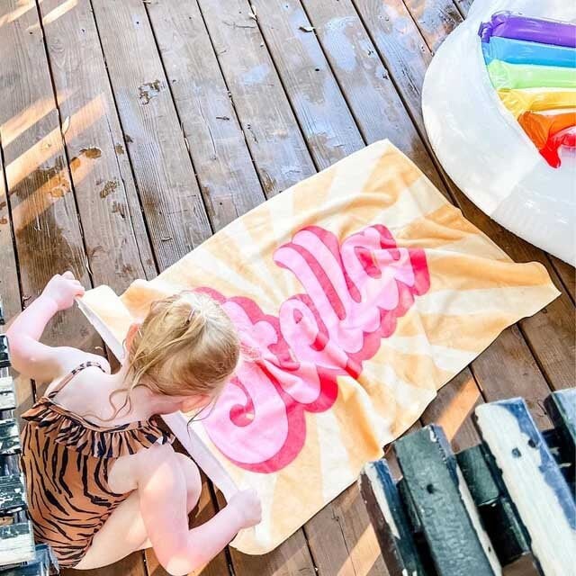 Groovy RETRO Style Personalized Beach Towel Personalized Name Bath Towel Custom Beach Towel With Name Outside Birthday Vacation Gift - CustomCooper