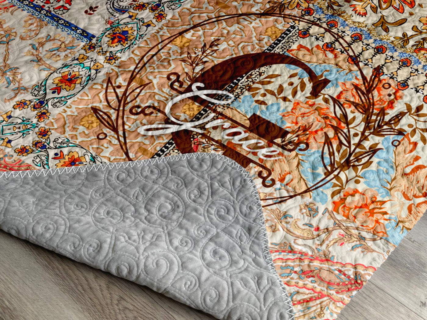 Monogram Quilted Blanket Full Size  60” x 80”  Watercolor Animal pattern in vintage rustic style - CustomCooper