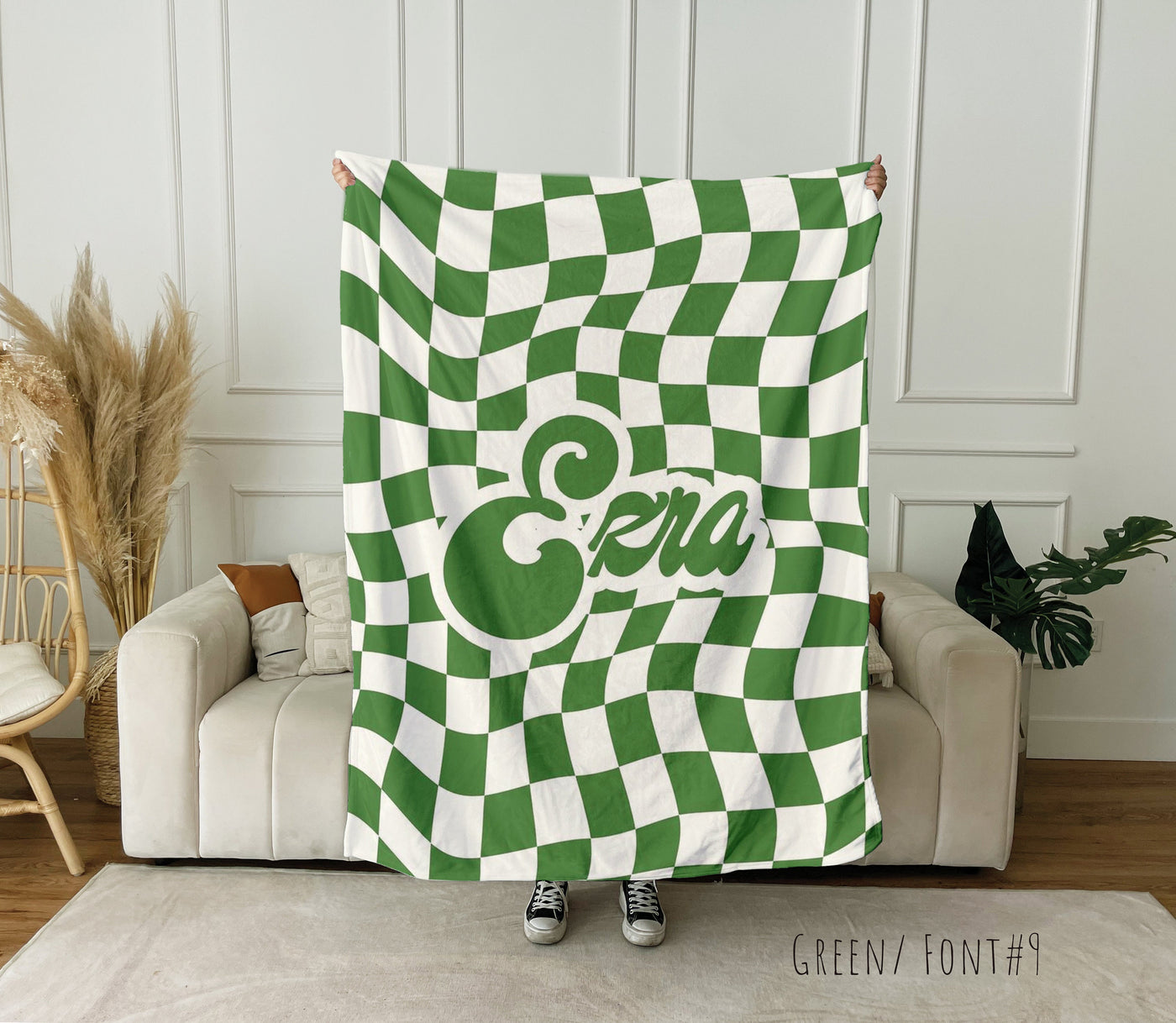 Personalized CHECKER Pattern in vintage rustic style blanket with Name, Custom blanket gift, Birthday Anniversary Gift - CustomCooper