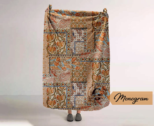 Monogram Quilted Blanket Full Size  60” x 80”  Watercolor Animal pattern in vintage rustic style
