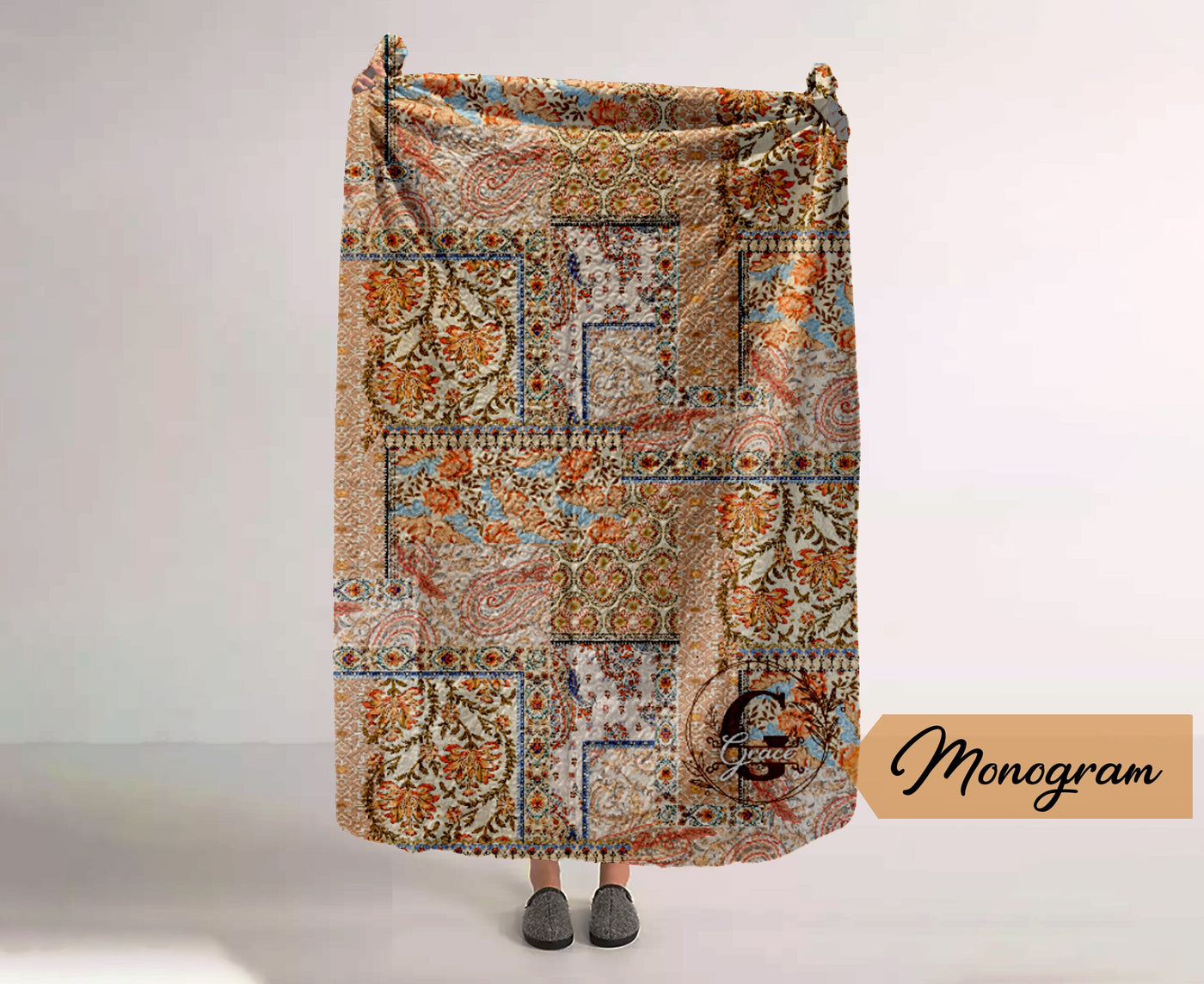 Monogram Quilted Blanket Full Size  60” x 80”  Watercolor Animal pattern in vintage rustic style - CustomCooper