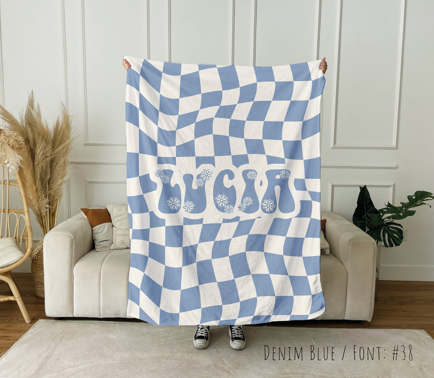 Personalized CHECKER Pattern in vintage rustic style blanket with Name, Custom blanket gift, Birthday Anniversary Gift - CustomCooper