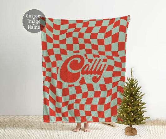 Personalized Red and Green CHECKER Pattern in vintage rustic style blanket with Name, Custom blanket gift, Birthday Anniversary Gift